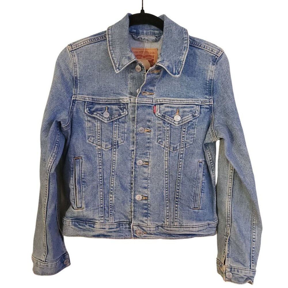 Levi's Denim Trucker Jacket Womens Sz S Blue Jean Coat Button Distressed Wash